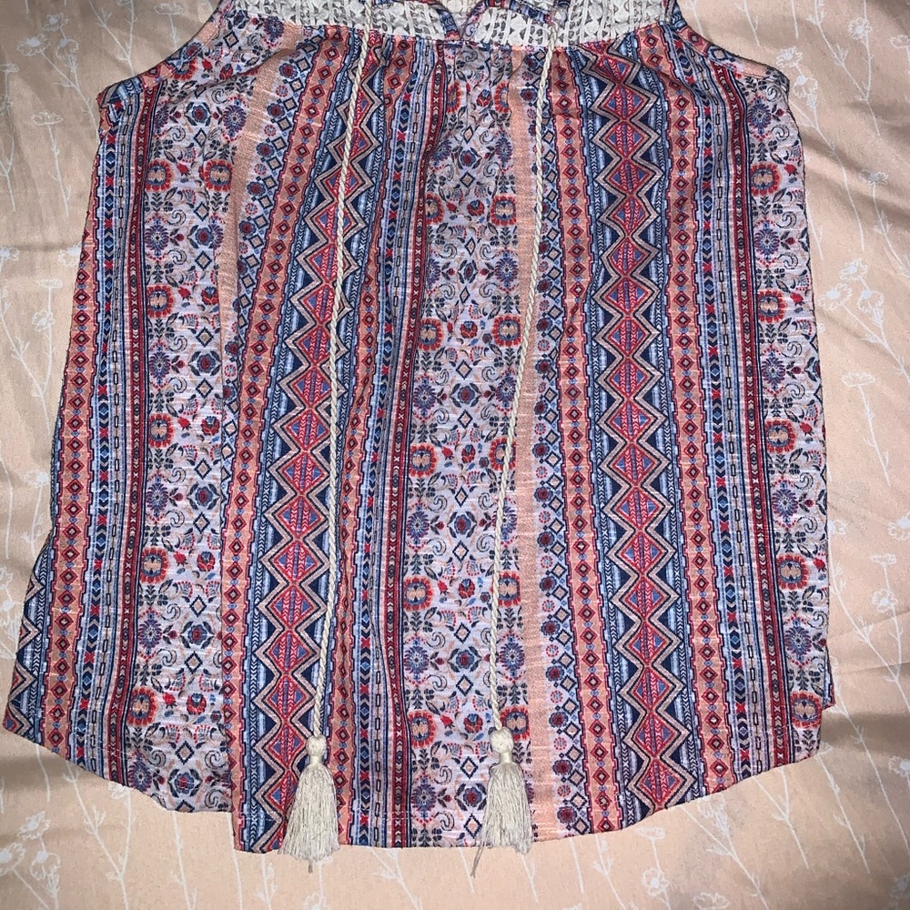 Multicolored lace blouse with tassels